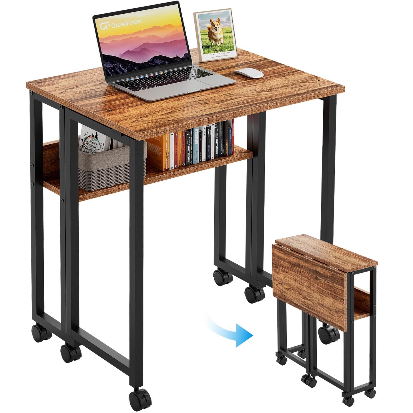 GreenForest Folding Desk with Wheels, 24.8 Inch Compact Rolling Computer Table with Storage Shelf, Portable Mobile Workstation for Small Spaces, Easy Assembly,Walnut