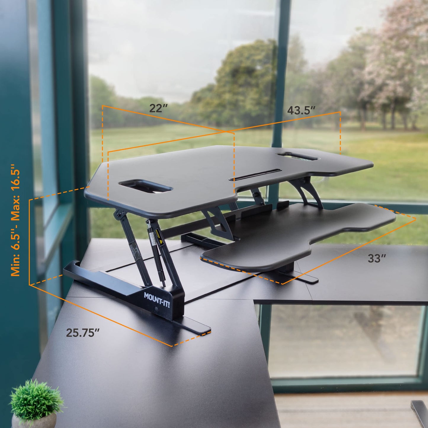 Mount-It! Corner Standing Desk Converter | Height Adjustable 43” Wide Desktop | Corner Stand Up Desk with Gas Spring Handle | Stand Up Computer Workstation with Ergonomic Keyboard Tray | Black