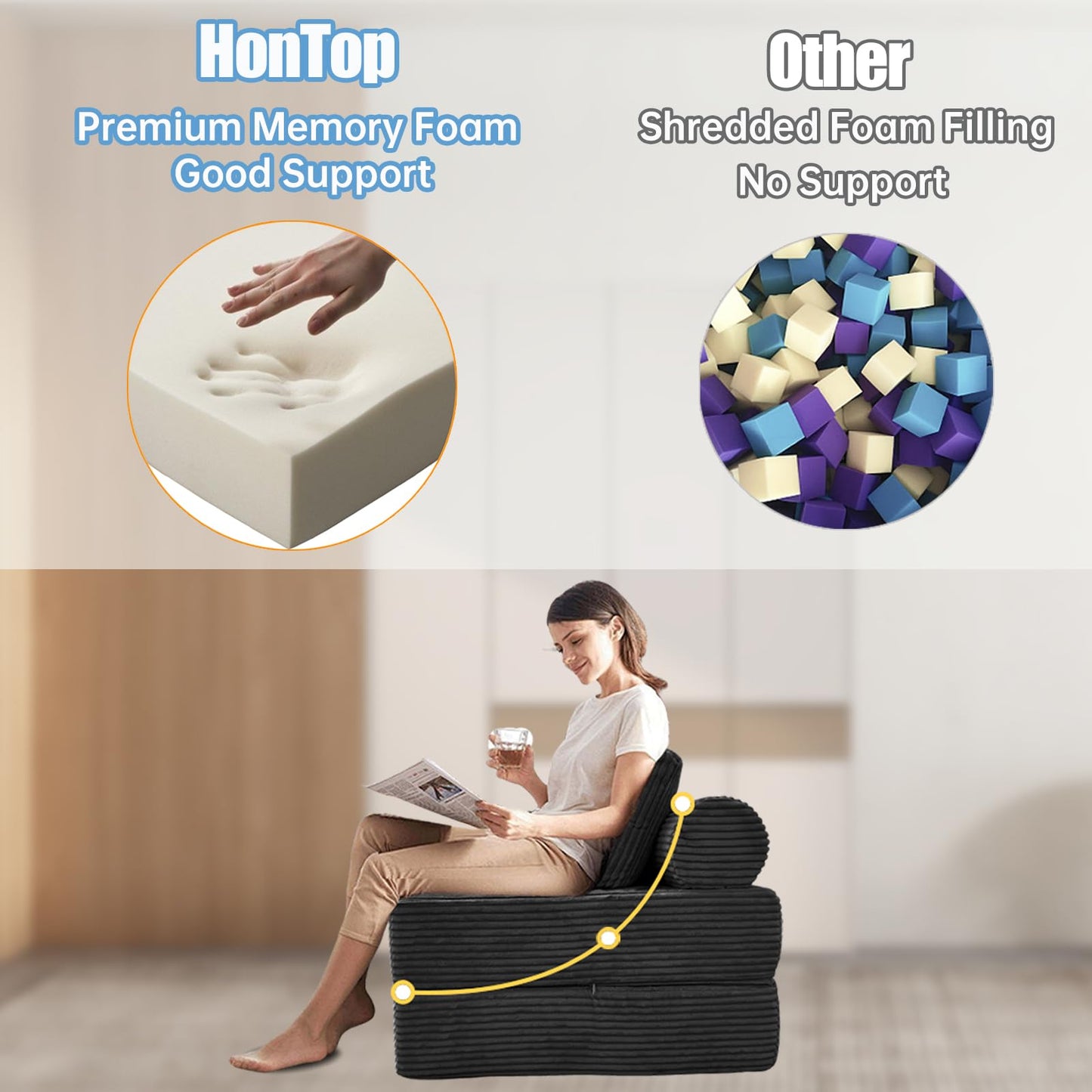 HonTop Folding Sofa Bed, Convertible Couch Chair with Pillow, Boneless Velvet Foldable Sleeper Sofa with Back Support, Portable Fold Out Lounger for Living Room, Apartment & Dorm, Dark Grey Corduroy