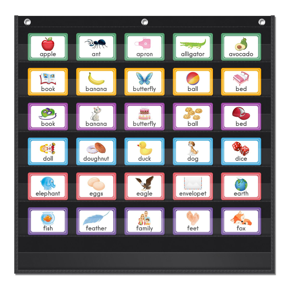 AUVCAS Standard Pocket Chart Clear 7 for Classroom & Home Heavy Duty Hanging Pocket Chart for Word Wall/Letter Cards/Sentence Strips 28Wx28L,Black