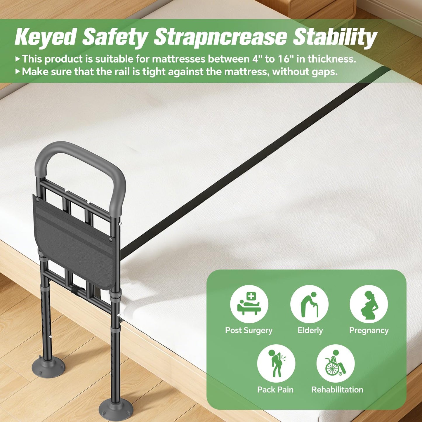 Bed Rails for Elderly Adults Safety with Ergonomic Padded Handle, ASTM Approved Adjustable Bed Assist Rail for Seniors, 400lb Weight Capacity, Fixing Strap&Storage Pocket, Fits Twin/Full/Queen/King