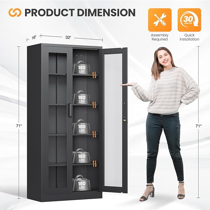Locking Display Cabinet with Glass Door, 71”H Metal Curio Cabinets with