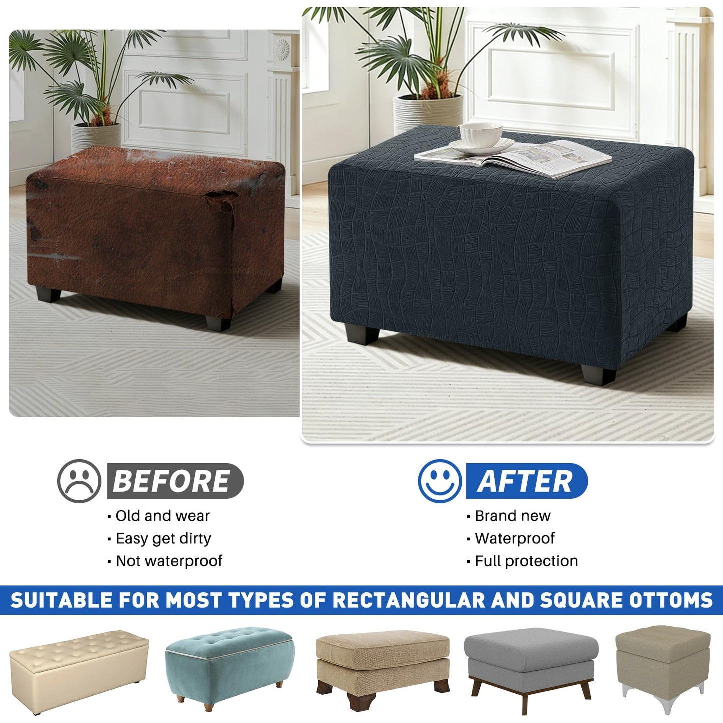 MAXIJIN Waterproof Ottoman Cover Rectangle Stretch Ottoman Slipcovers Square Thick Stool Covers Storage Footrest Furniture Protector with Non-Slip Elastic Bottom (Small, Dark Gray)