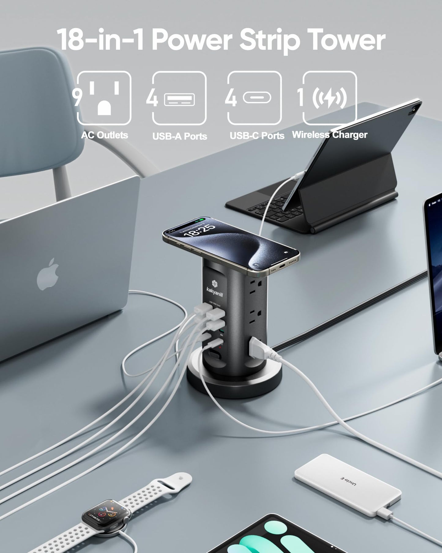 Kakyanill 115W USB Charging Station, Power Strip Tower, 9 AC Outlets with 8 USB Ports(4 USB-C), 6Ft Flat Plug Retractable Extension Cord, for Home Office Dorm, Black