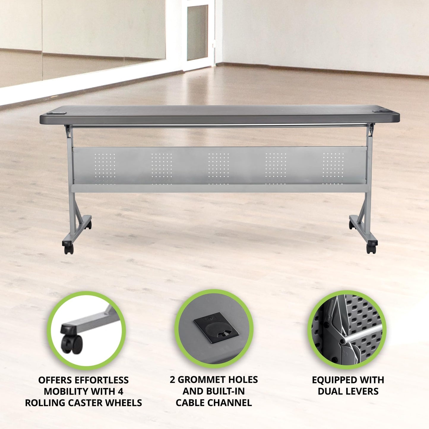 National Public Seating 24" x 72" Flip-N-Store Portable Lightweight Rolling Conference Training Table with 2 Grommet Holes - Charcoal Slate