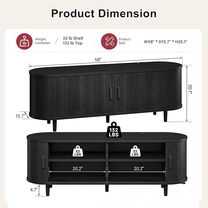58" Mid Century Modern TV Stand, Wood TV Consoles