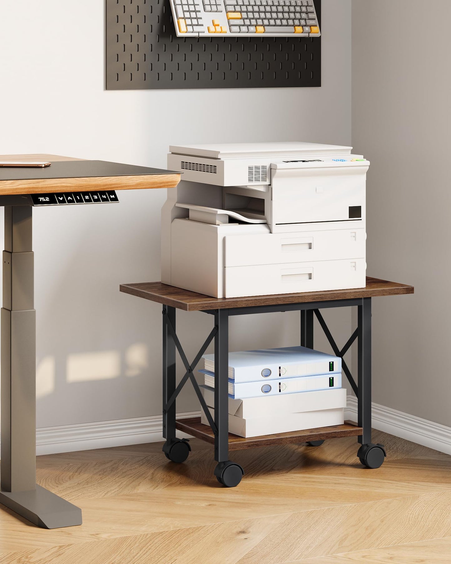 CHOEZON 23.6" Under Desk Printer Stand, 2-Tier Printer Table with Wheels Adjustable Feet for Home Office, Study, Living Room, Rustic Brown and Black TPS01BF