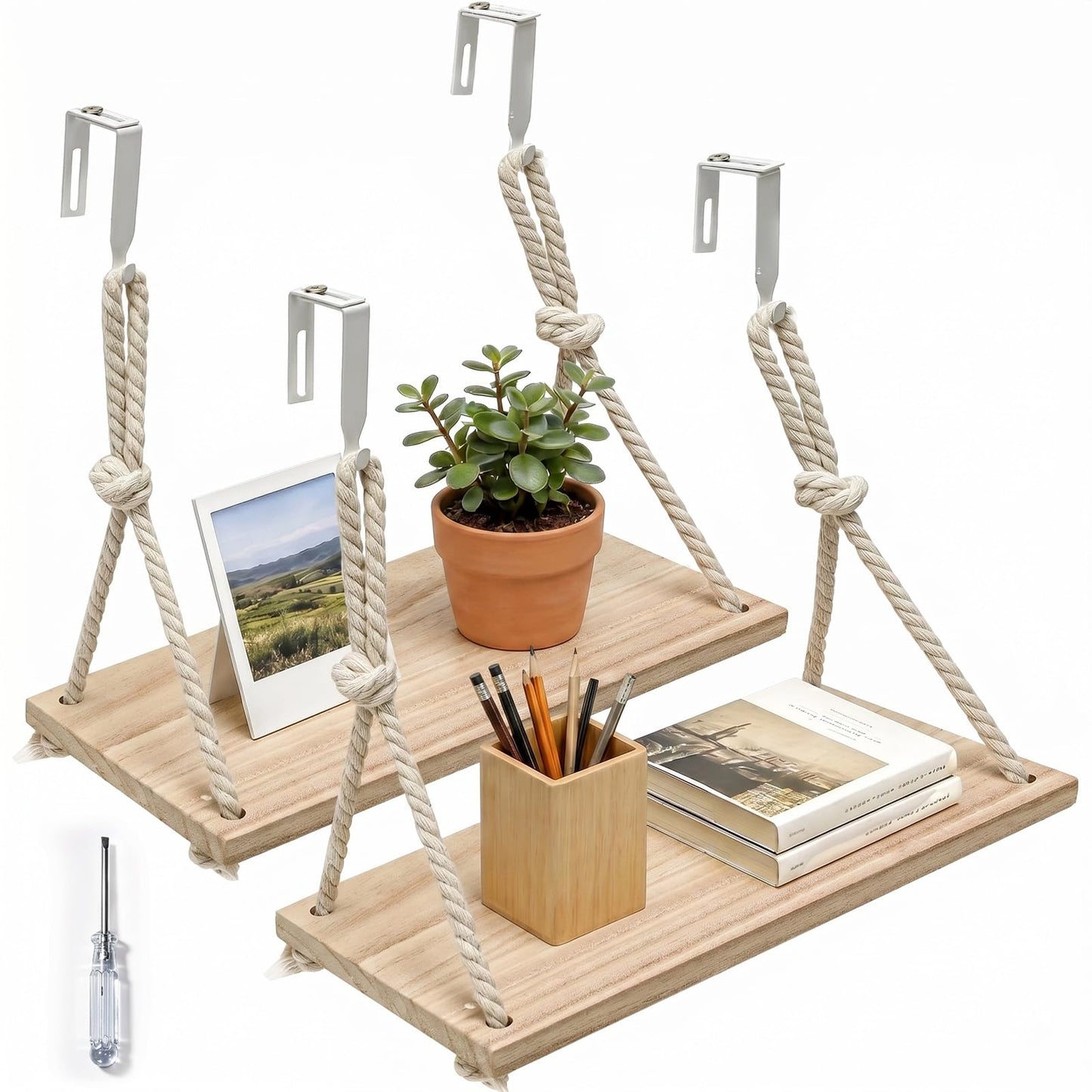 Fernlandia 2-Pack Cubicle Shelf Hanging, Office Cubicle Wall Shelf with Rope Adjustable Hooks, Office Decor Desk Accessories, Organizer, Storage in Workspaces