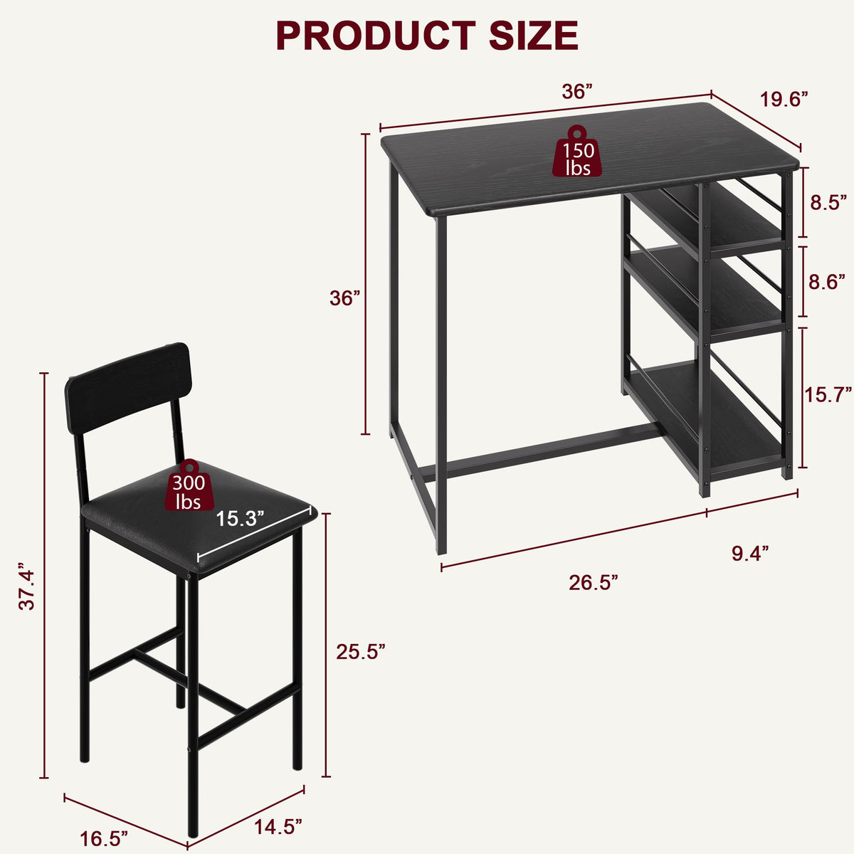 CABIHOME Dining Table Set for 2, Kitchen Table and Upholstered Chairs for 2, 3 Piece Counter Height Bar Table Set with 3 Large Storage Shelves for Small Space, Apartment, Studio, Rustic Black