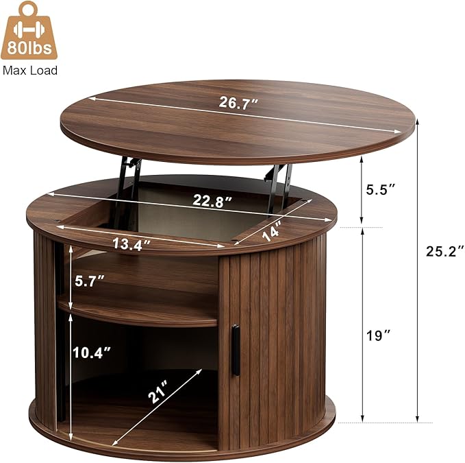 FABATO Round Lift Top Coffee Table, Fluted Wood Accent Coffee Table