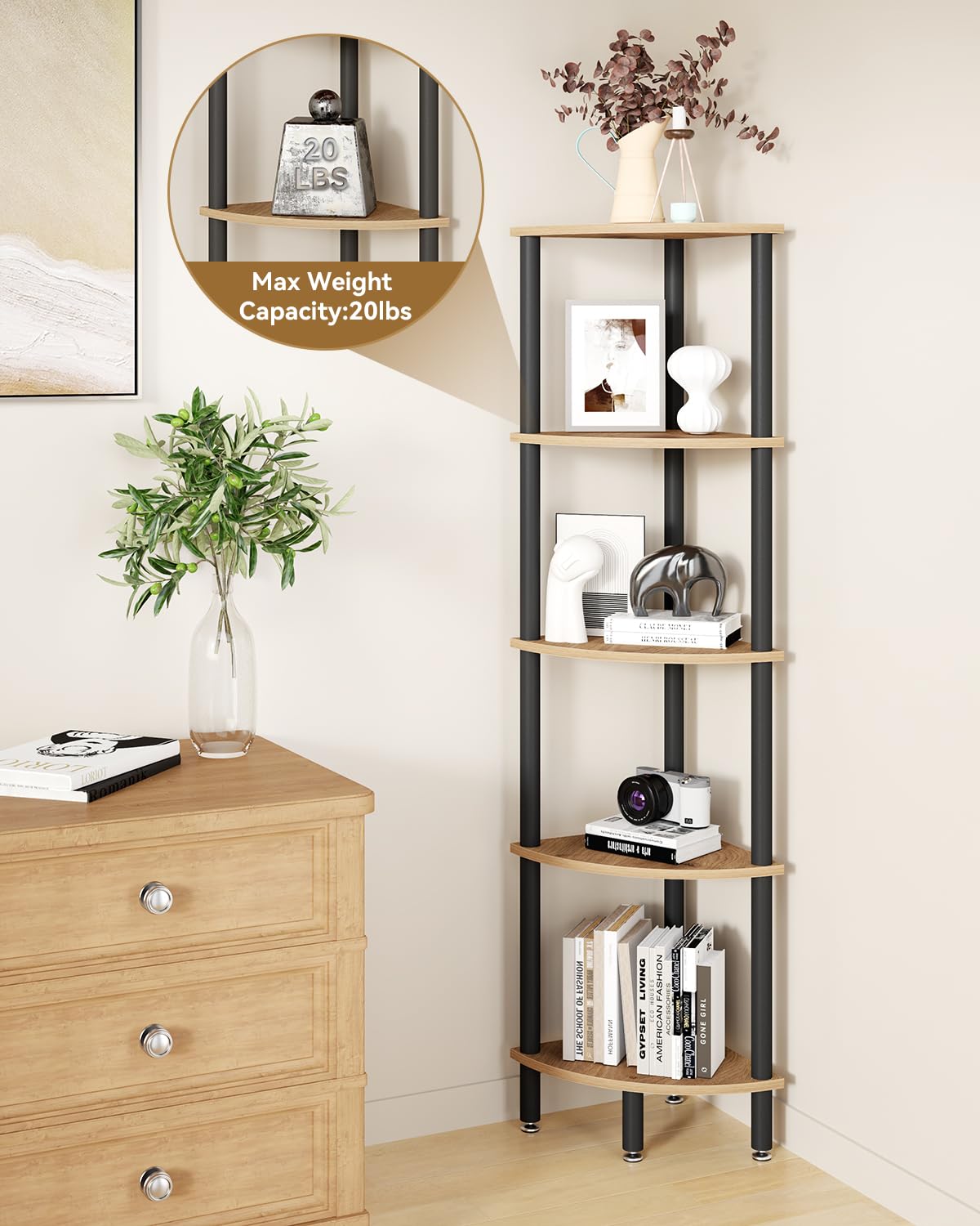 IBUYKE 5 Tier Corner Shelf Stand,Industrial Corner Display Rack,Corner Bookshelf for Living Room, Bedroom, Kitchen, Home Office, Oak WBC010K