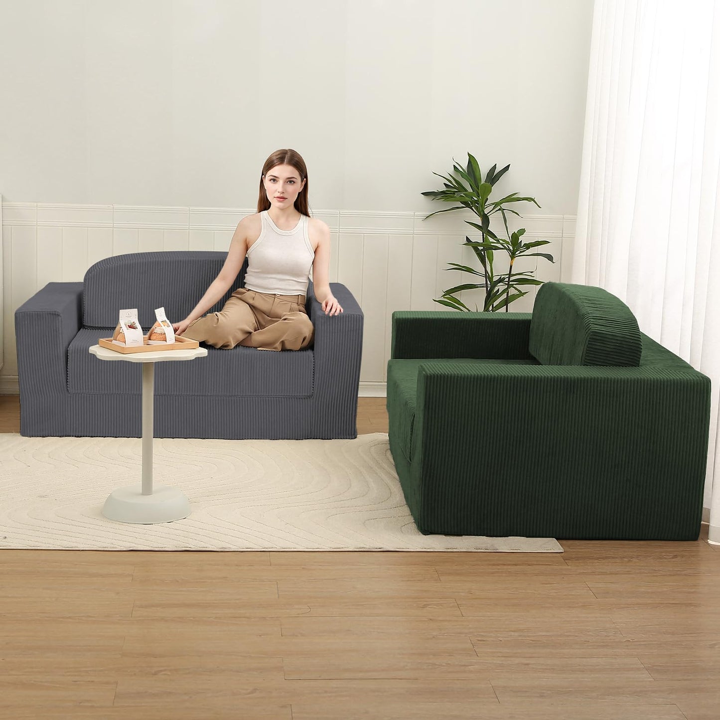 MeMoreCool Green Corduroy Fold-Out Loveseat Sofa Bed – Boneless Convertible Floor Couch with Foam, Compact Sleeper Futon with Washable Cover, No Assembly Required for Small Spaces & Bedroom