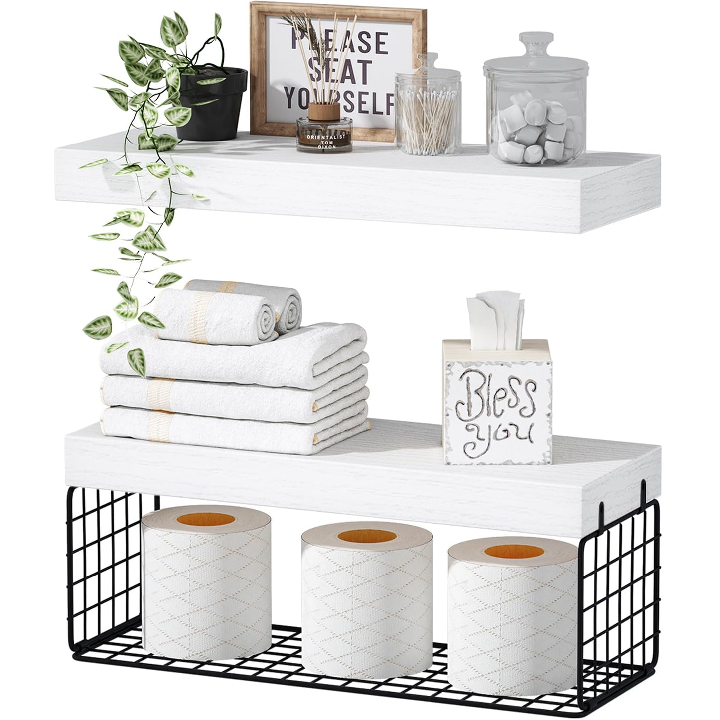QEEIG Bathroom Shelves Over Toilet - Wall Mounted Floating Shelves Toilet Paper Storage Small Farmhouse Decor Shelf 16 inch Set of 2, White and Black (019-WB2)