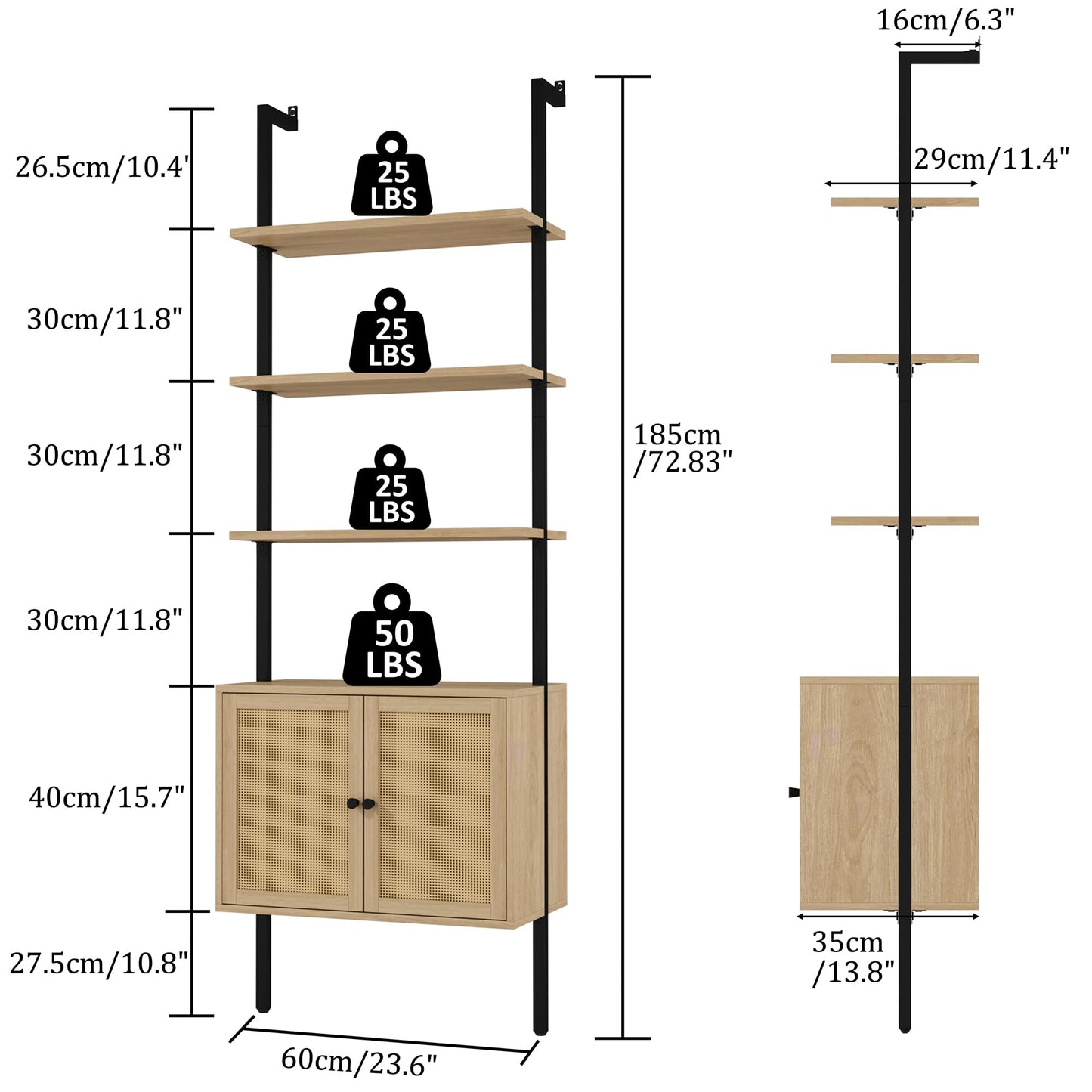 Yusong 73" Tall Bookshelf with Cabinet, Industrial Ladder Wall Mount Shelf Rattan Bookcase with Wood and Metal Frame, Plant Shelf Wall Storage Display for Living Room Bedroom,Light Ivory Brown