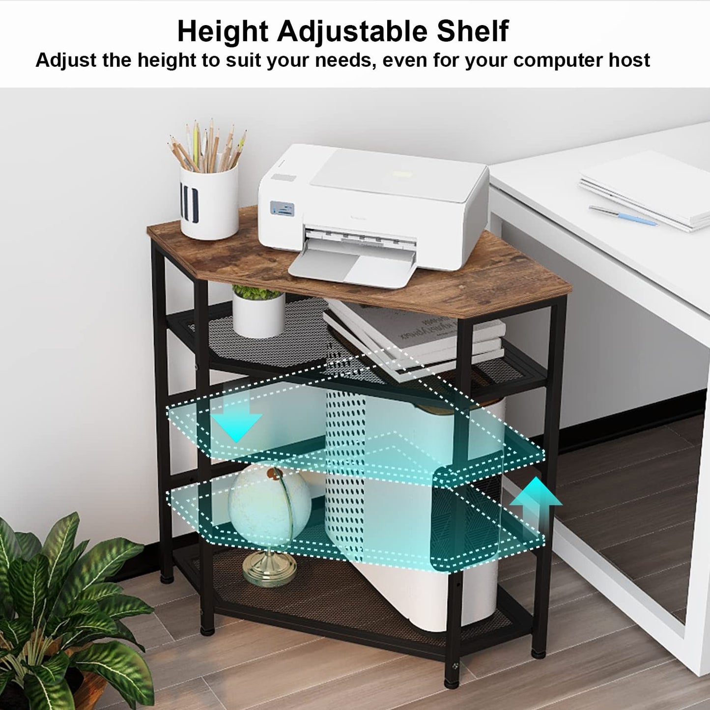 VEDECASA Corner Printer Stand Table with Power Outlet Charging Plugs USB Port Adjustable Storage Shelf Computer Tower CPU Stand Holder for Home Office (Brown)