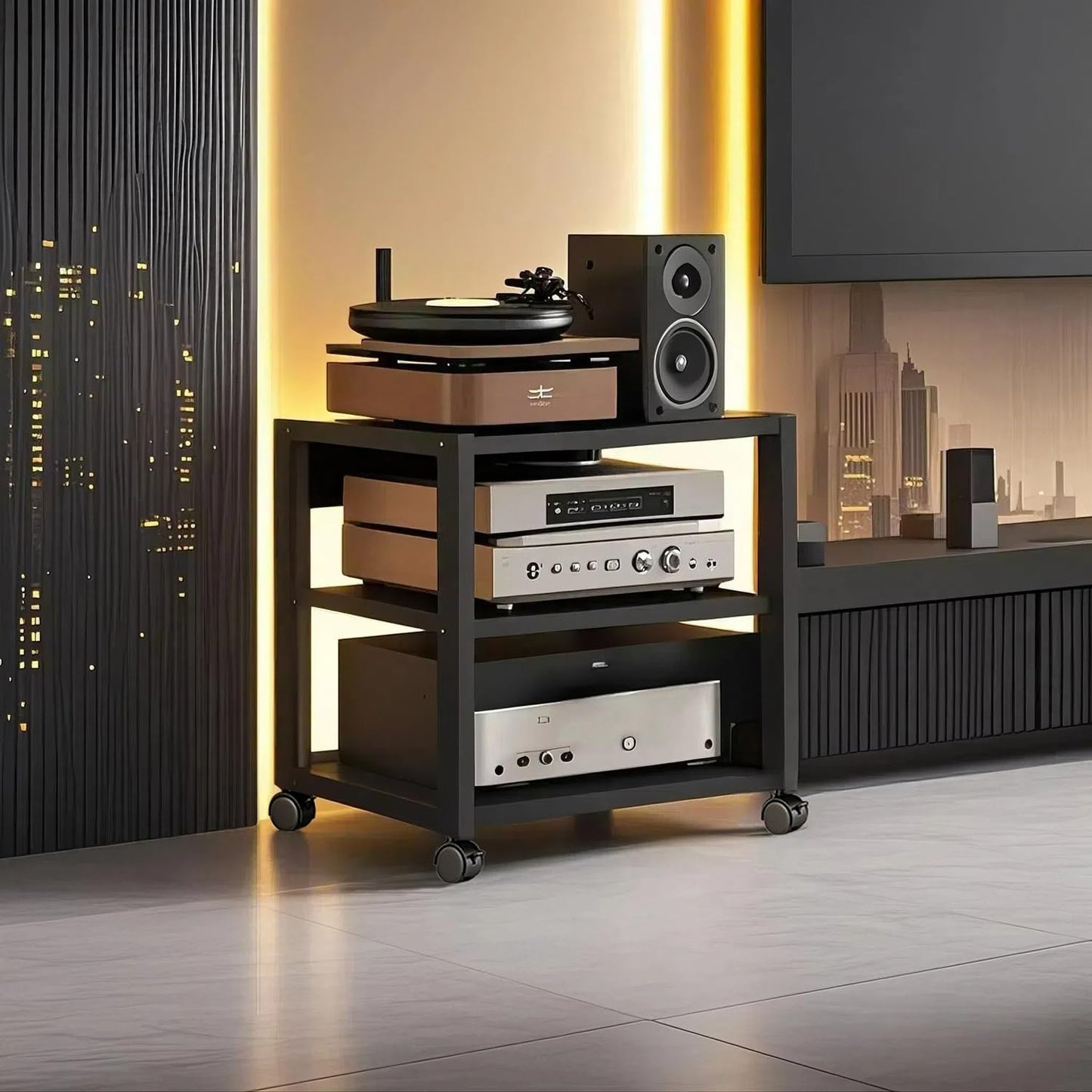 XEOKXOIT 3 Tier AV Media Stand, Audio Rack Tower Stereo Components Cabinet, Home Theatre CD Record Player Stereo Receiver Equipment Rack with Adjustable Wood Shelves, Load 220lbs (Black)
