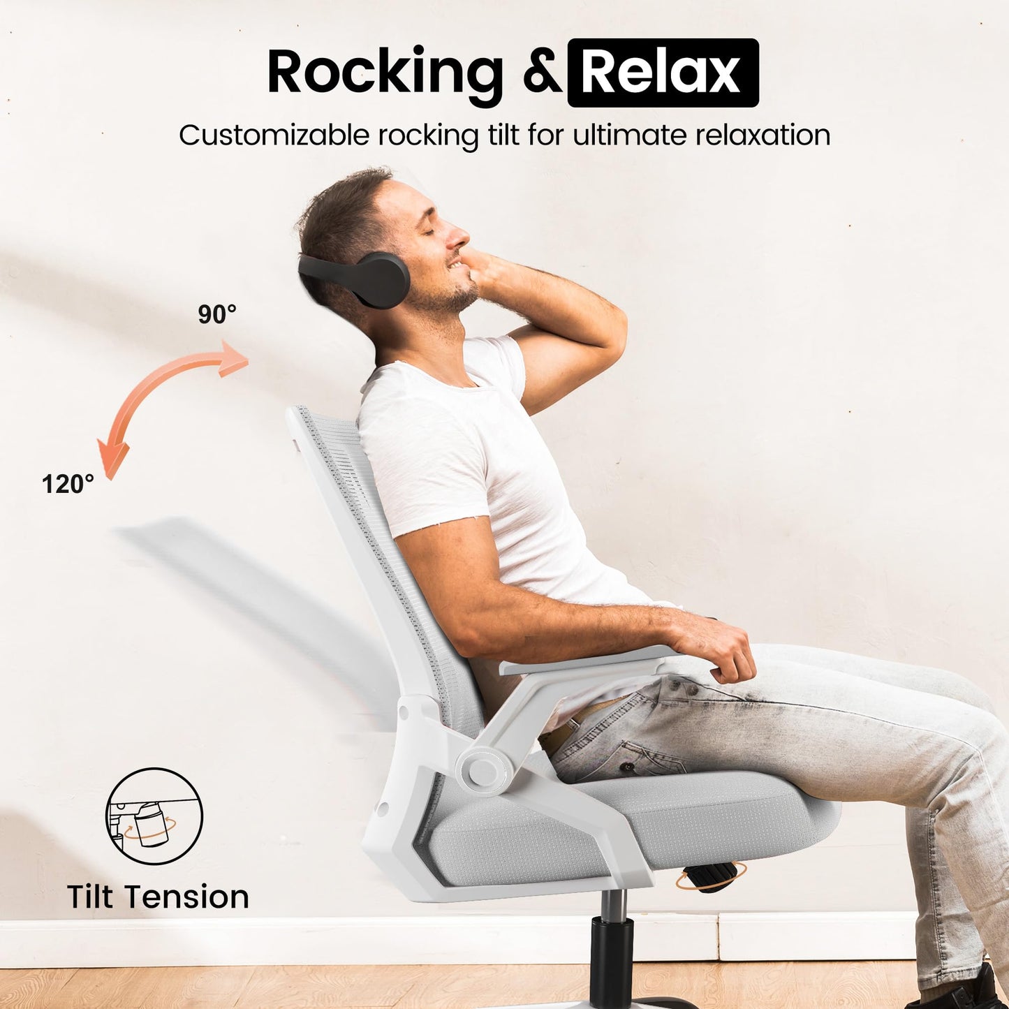 GTPOFFICE Ergonomic Office Chair, Computer Desk Chair Comfy with Adjustable Lumbar Support, Mid-Back Mesh Office Chair with Flip-up Armrest, Tilt Function Task Chair for Home, Bedroom, Gaming