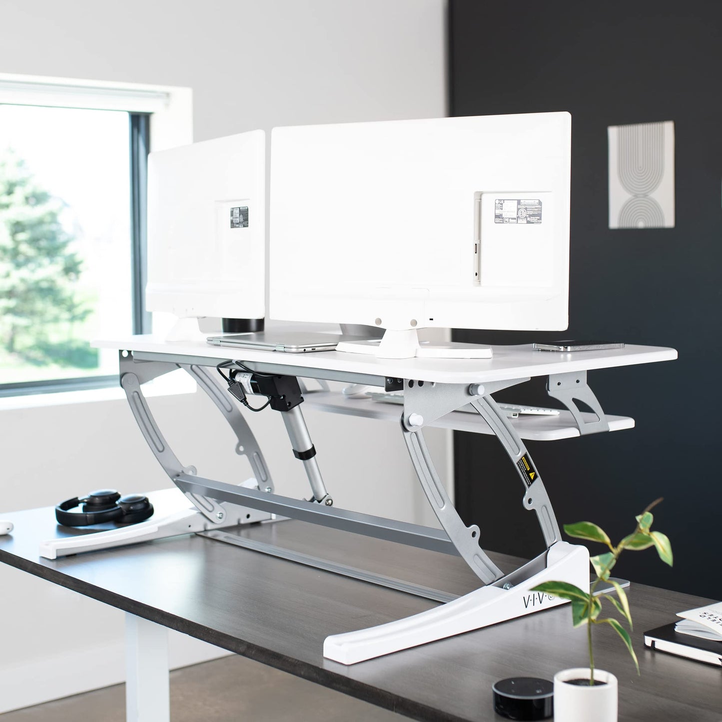 VIVO 36 inch Height Adjustable Stand Up Desk Converter, V Series, Quick Sit to Stand Tabletop Dual Monitor Riser Workstation, White, DESK-V000VW