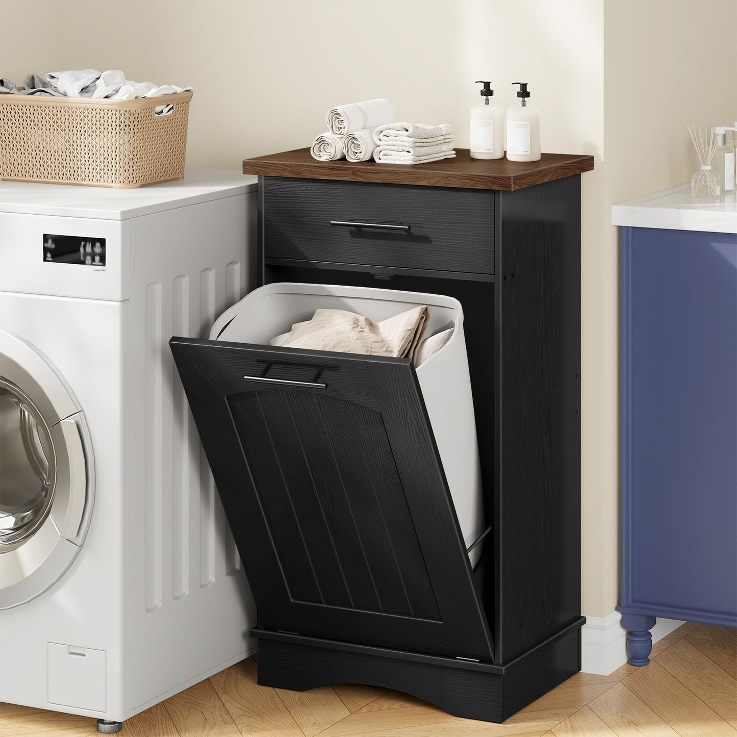 HOOBRO 10 Gallon Tilt Out Trash Cabinet, Kitchen Trash Can, Trash Bin Storage, with Flip Door and Large Drawer, Hidden Laundry Hamper Cabinet, for Kitchen, Laundry, Black and Walnut BH02LJ01