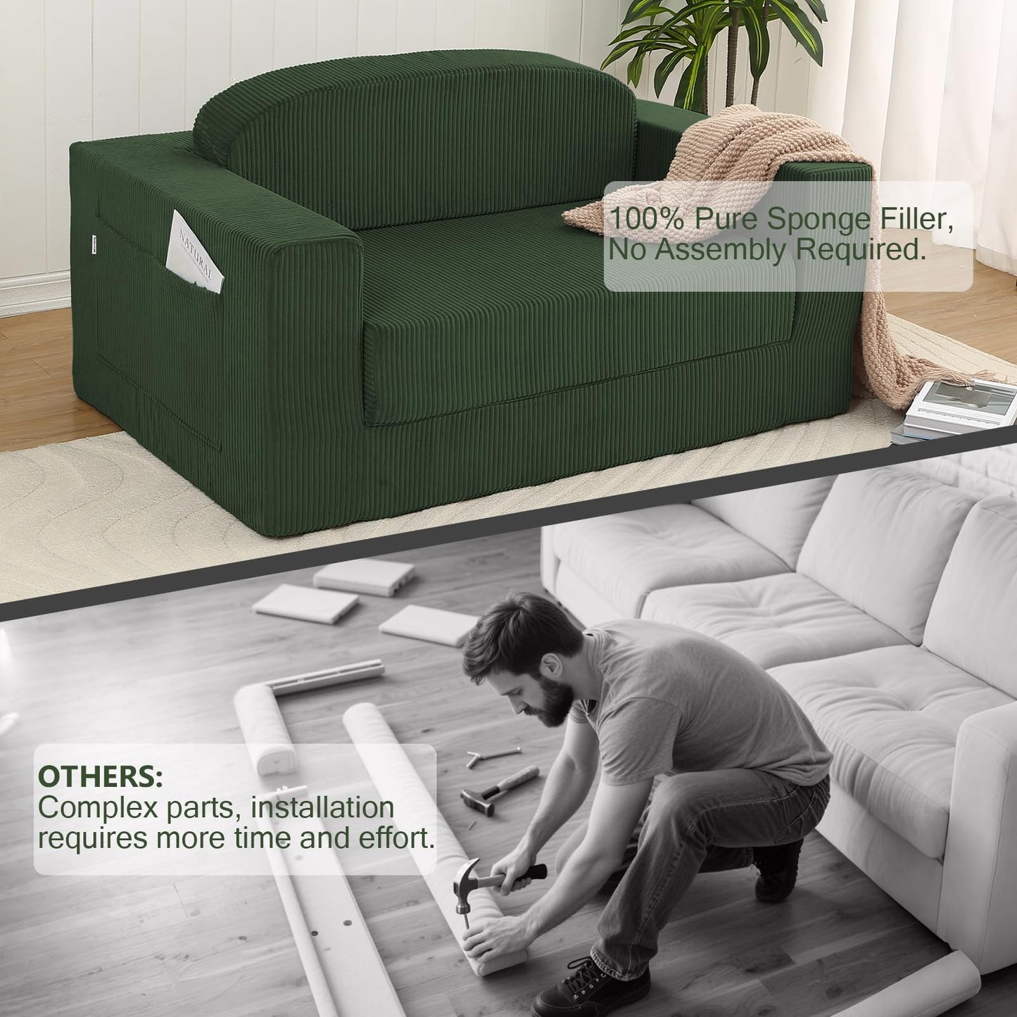MeMoreCool Green Corduroy Fold-Out Loveseat Sofa Bed – Boneless Convertible Floor Couch with Foam, Compact Sleeper Futon with Washable Cover, No Assembly Required for Small Spaces & Bedroom