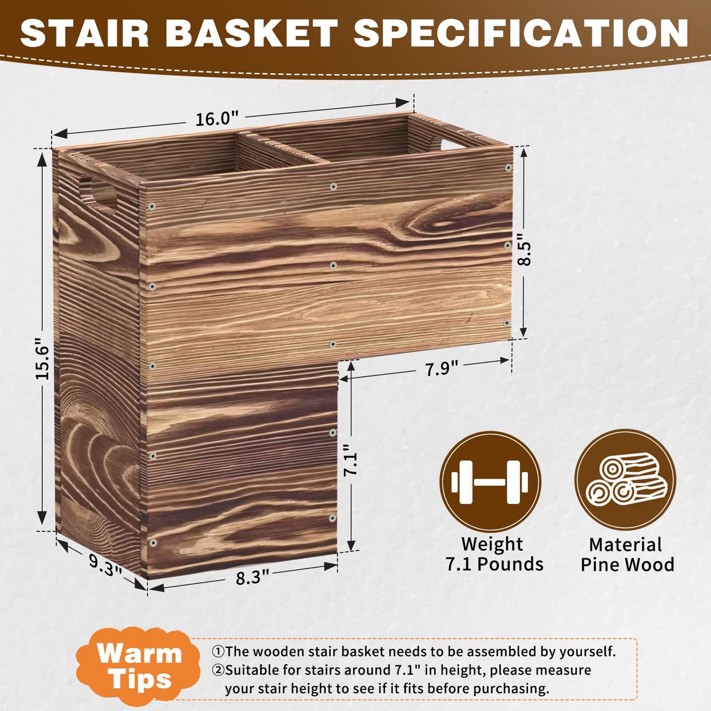 THOOUM Wooden Stair Basket with Handles, 235mm Wide Staircase Basket Organizer for Carpeted & Wooden Stairs