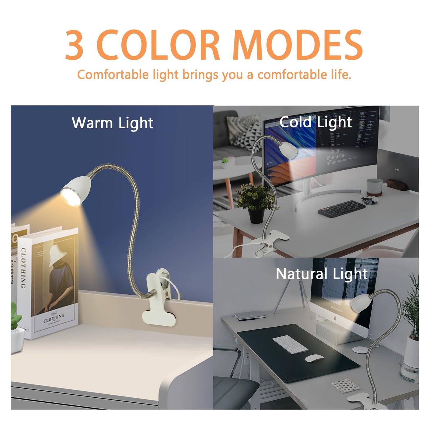 Desk lamp Eye-Caring Table Lamps, 360°Rotation Gooseneck Clip on Lamp Reading Light, Portable Reading Book Light, Clamp Light, Study Desk Lamps for Bedroom and Office Home Lighting (White with Dimme)