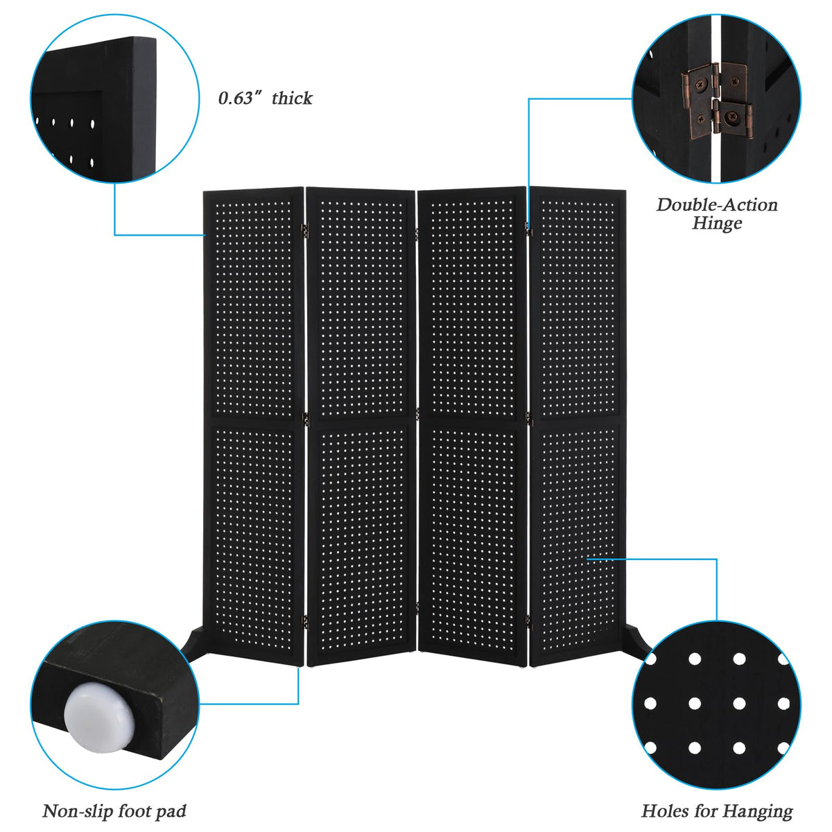 Bonnlo 4 Panel Pegboard Freestanding, 5 FT Portable Display Board Organizer for Craft Show Jewelry, Wooden Folding Privacy Screen Room Divider (with Base, Black)