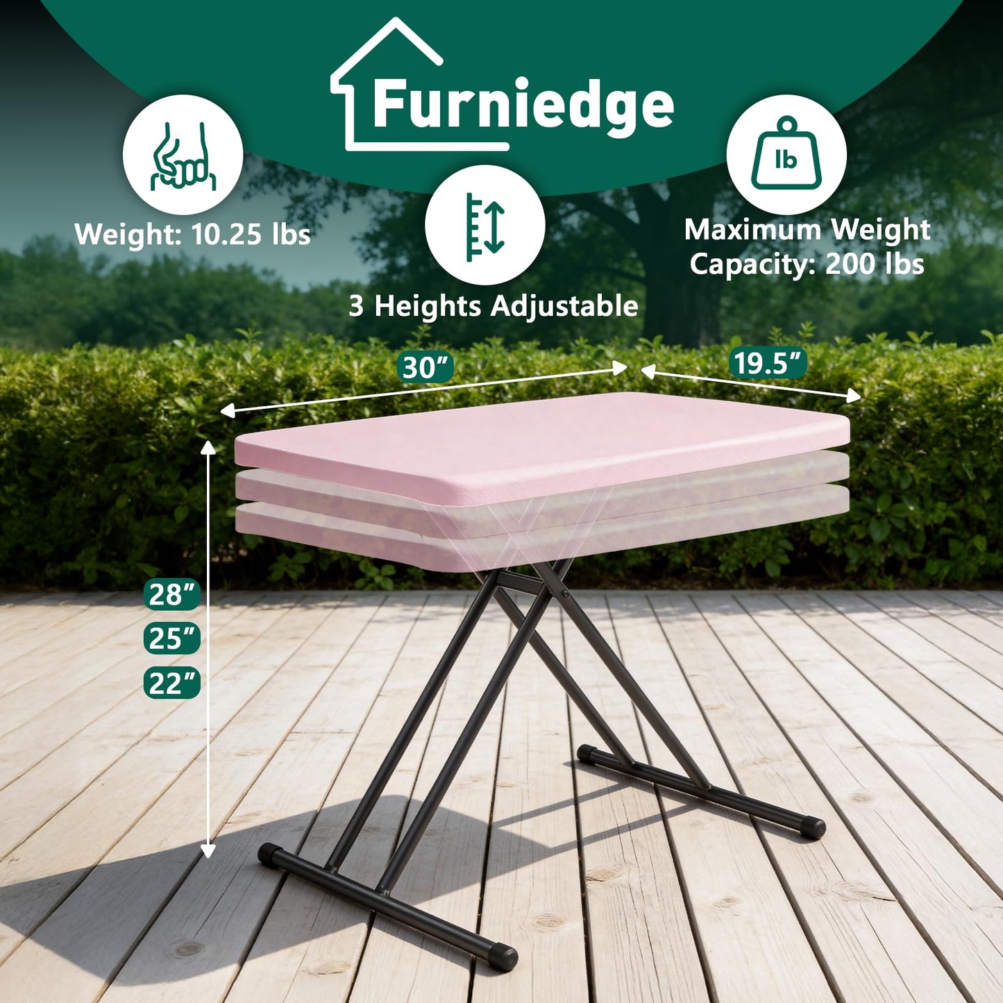 FurniEdge 30 Inch Folding Table, Adjustable Height TV Tray for Small Spaces, Heavy Duty Foldable Utility Table for Laptop, Dining, Camping, No Assembly, 200 lbs Capacity, Pink Granite