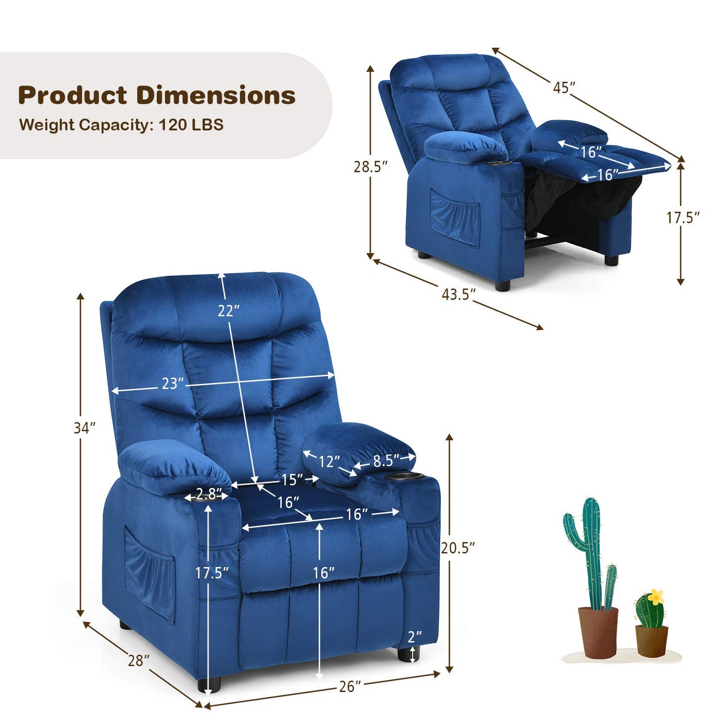Costzon Kids Recliner Chair with Cup Holder, Adjustable Velvet Lounge Chair w/Footrest & Side Pockets for Children Boys Girls Room, Ergonomic Toddler Furniture Sofa Gifts, Kids Recliner (Blue)