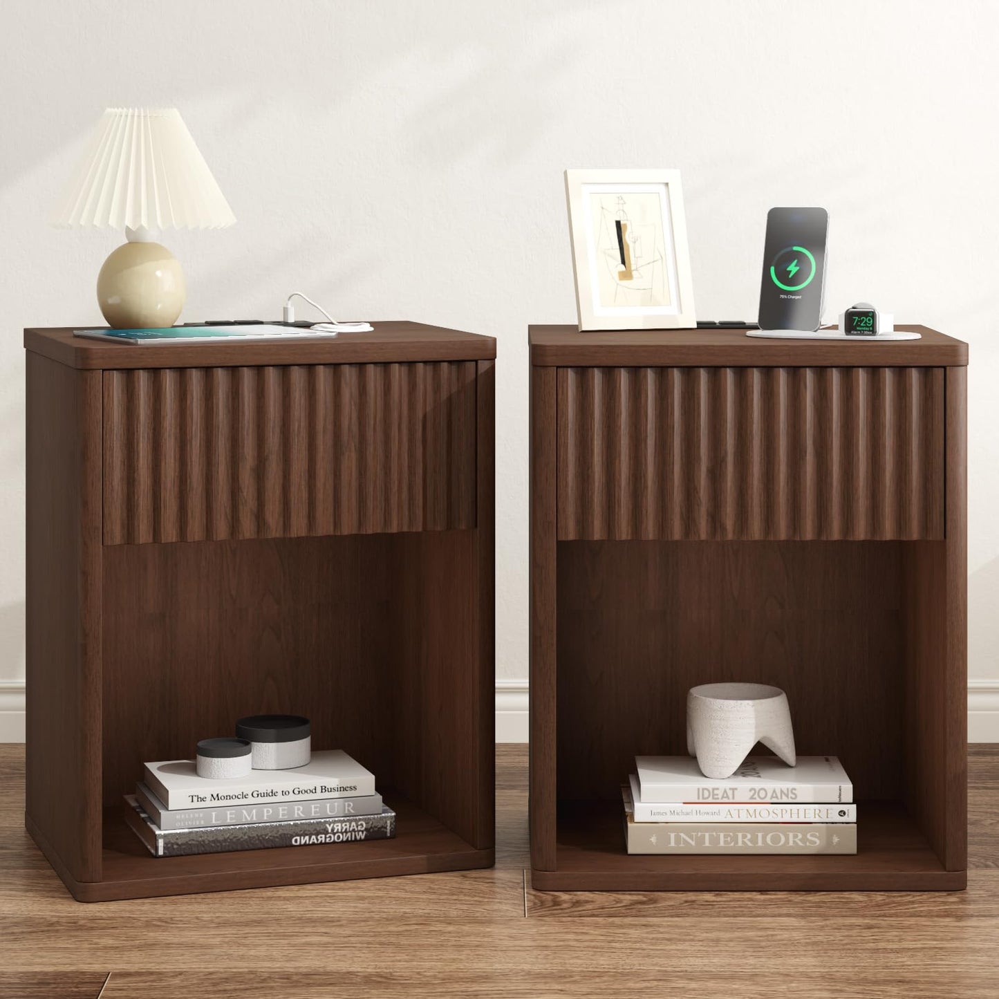 Fluted Nightstands Set of 2 w/Charging Station, Wooden End Table Bed Side Table with Curved Drawer, Mid Century Modern Fluted Night Stand with Rounded Edge for Bedroom, Living Room Sofa, Walnut