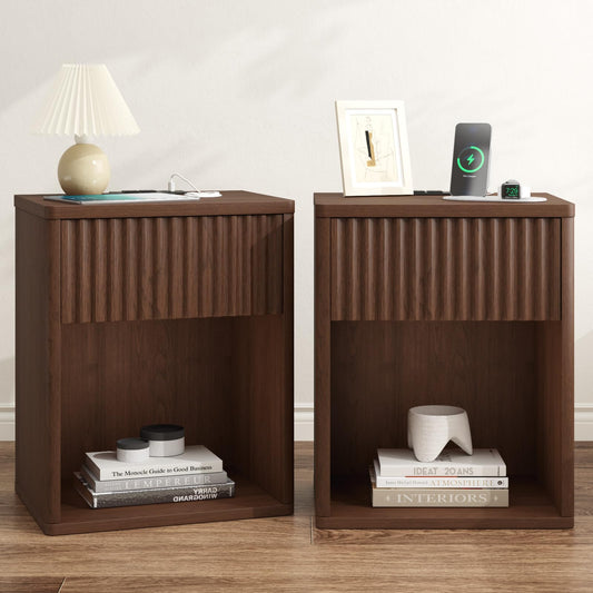 Fluted Nightstands Set of 2 w/Charging Station, Wooden End Table Bed Side Table with Curved Drawer, Mid Century Modern Fluted Night Stand with Rounded Edge for Bedroom, Living Room Sofa, Walnut