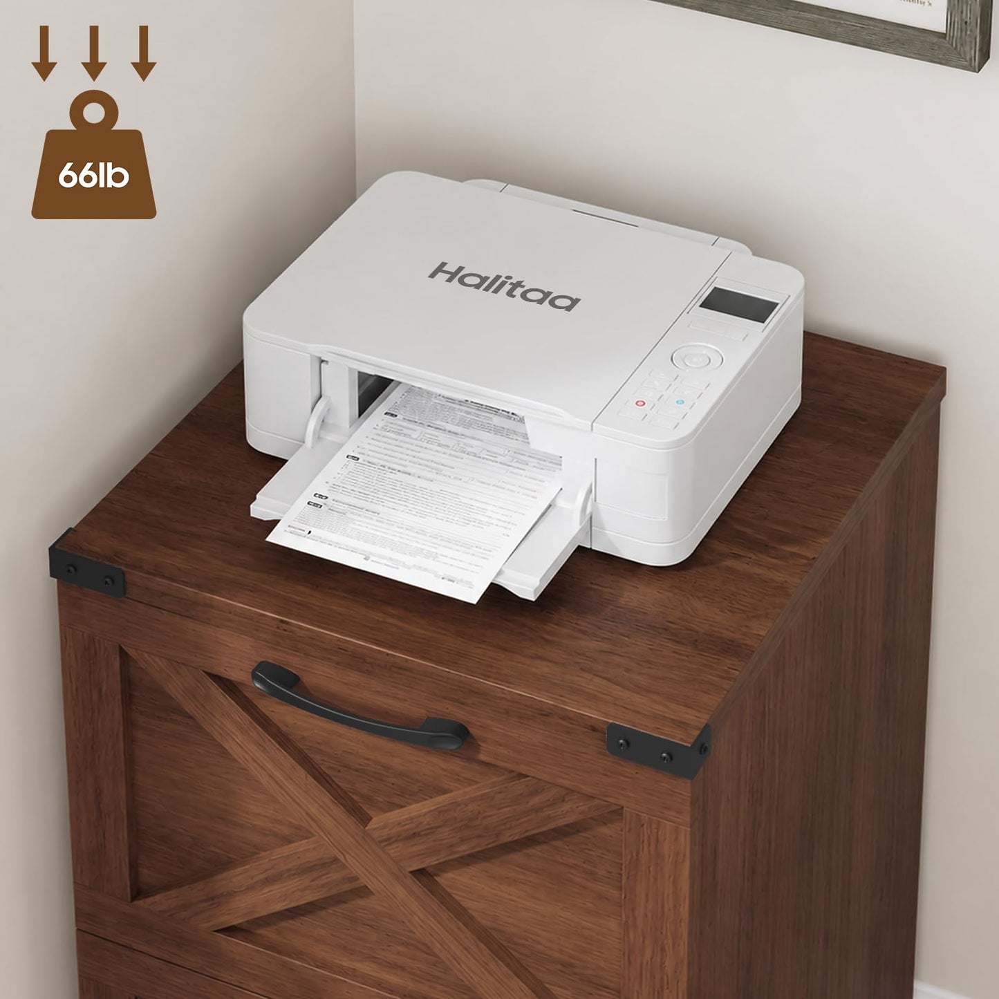 Halitaa 2 Drawer Small File Cabinet with Wheels, Farmhouse Vertical Filing Cabinet Fits A4/Letter Size, Under Desk Rolling File Cabinets for Home Office, Wooden Printer Stand, Walnut