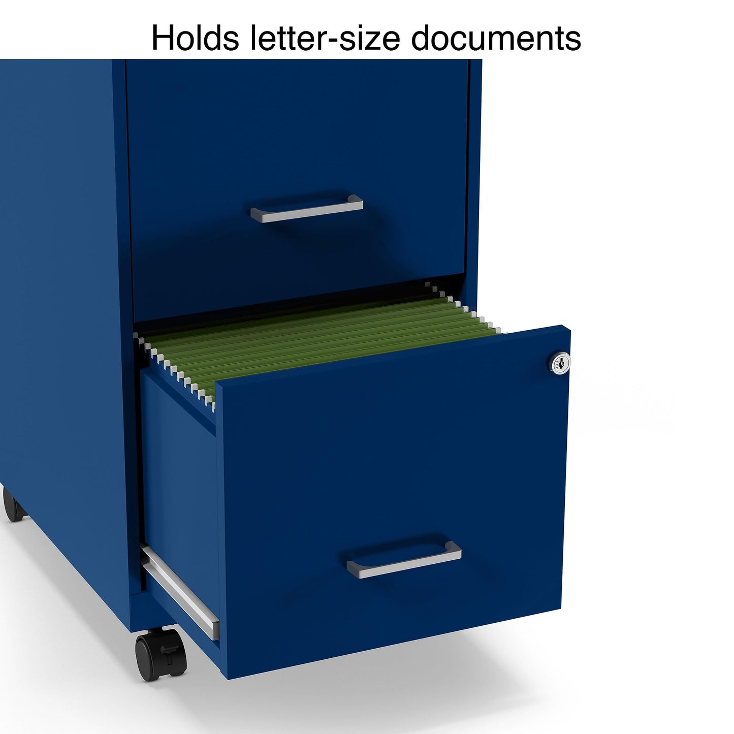 STAPLES 2-Drawer Vertical File Cabinet, Letter Size Documents, Lockable & Mobile, 18" D x 14" W x 26.3" H, Blue