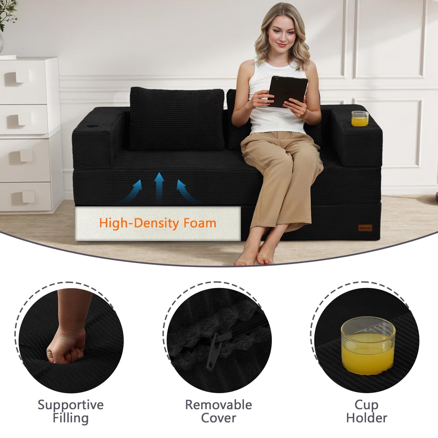 MeMoreCool Black Futon Couch Convertible Sofa Bed Queen, Folding Floor Couch Bed with Pillow, Corduroy Foldable Sofa Sleeper, Fold Out Boneless Loveseat Lounge for Living Room Small Spaces