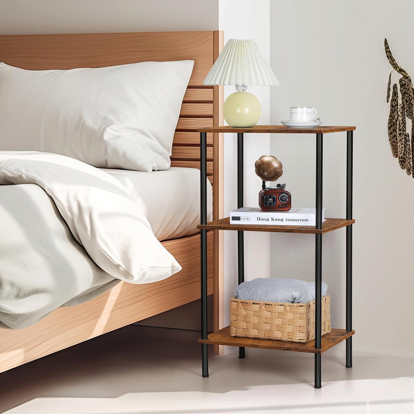 Tall End Table 3 Tier Side Table with Storage Small Nightstand for Small Spaces Living Room Bedroom 3 Tier Slim Table for Office