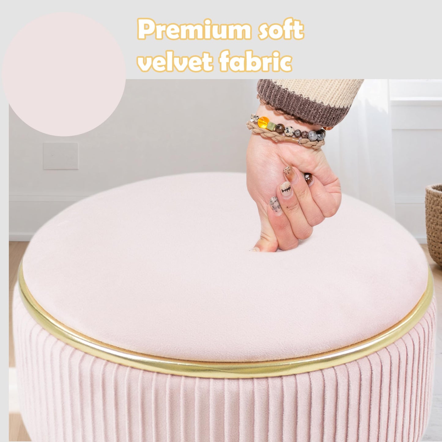 MRITWAII Adjustable Vanity Stool with Storage, 360° Swivel Makeup Stool Chair Small Velvet Round Ottoman with Gold Base for Bedroom, Pink