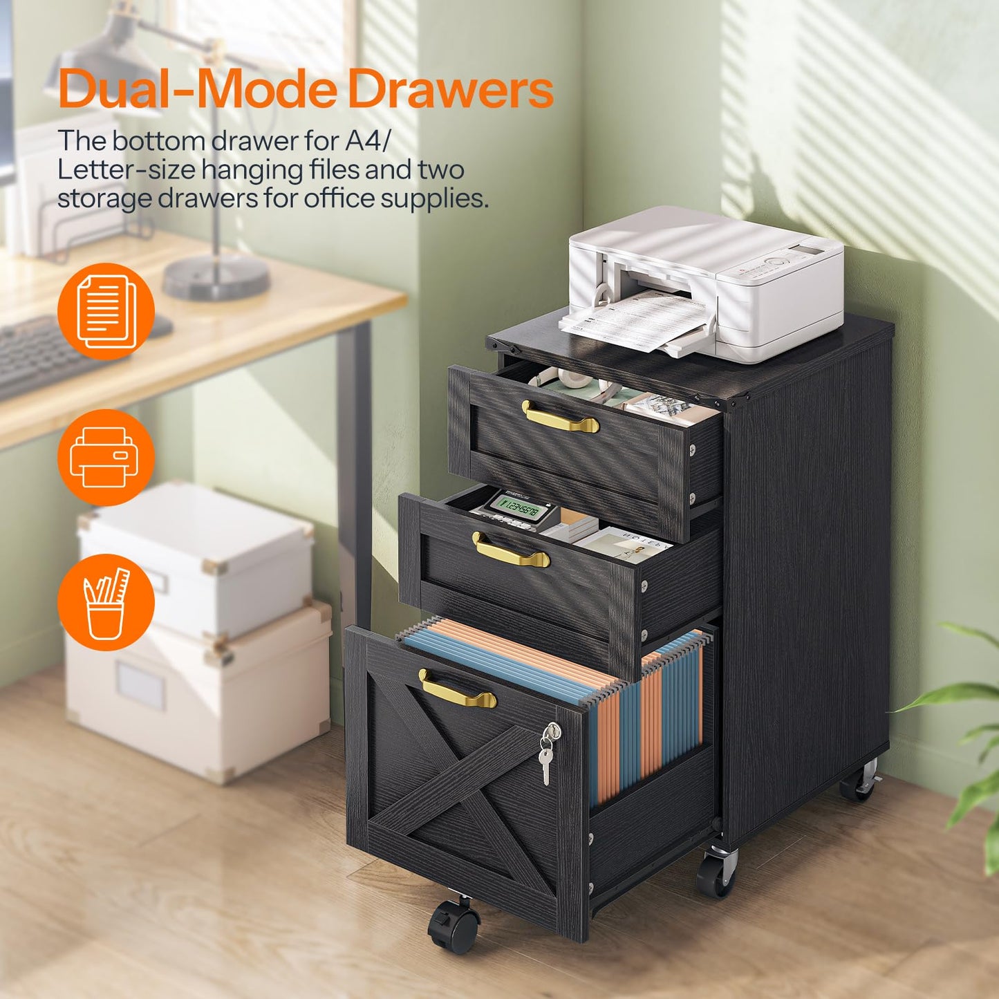 HOOBRO 3 Drawer File Cabinet with Lock, Mobile Farmhouse Filing Cabinet for A4/Letter Size, Under Desk Rolling Office Cabinet, Printer Stand with Storage for Home Office, Black BK67WJ01