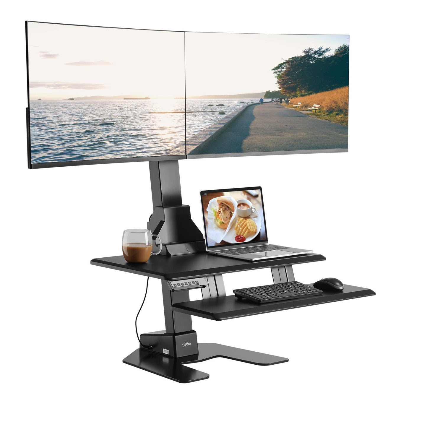AVLT Electric Standing Desk Converter for Dual 32" Monitors, Motorized Sit to Stand Riser with 28"x16" Tabletop, Large Keyboard Tray, Height Adjustable, Sturdy Base, Small Footprint