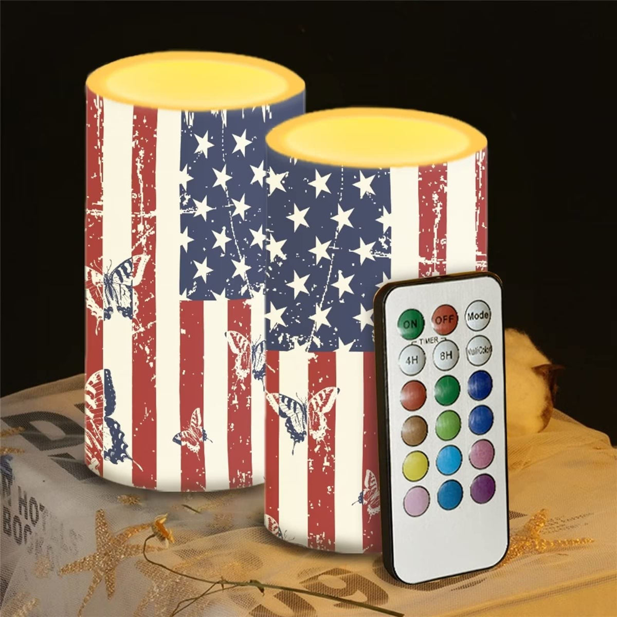 Cozeyat US Flag Print Flameless Candles 2 Pieces Tealights Battery Operated,Flickering Realistic Votive Tea Lights Moving Wax Pillar Electric Candles for Parties,Home Decoration