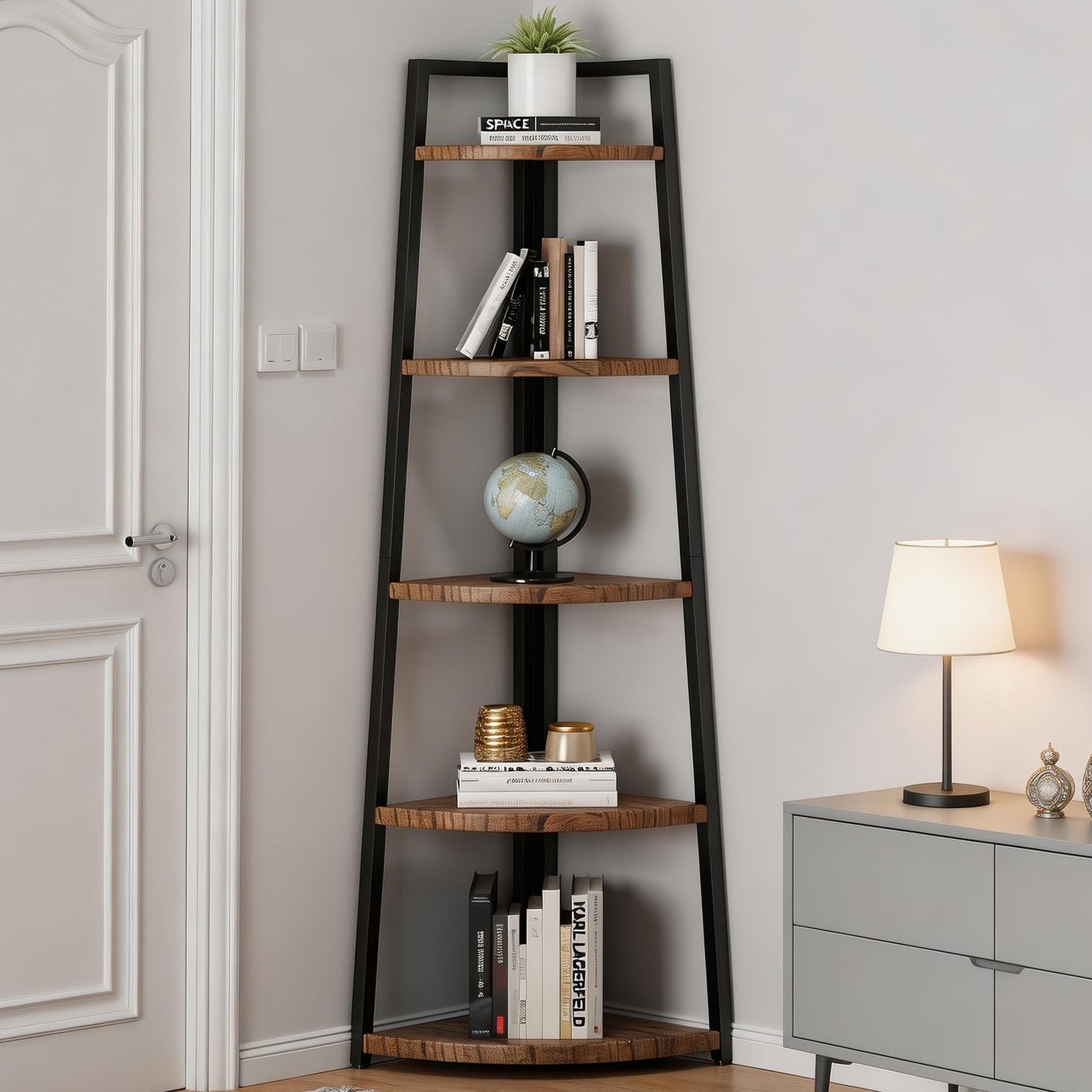 GUTECLOUD Soild Wood Corner Shelf, 5 Shelf Bookcase for Bathroom & Living Room, Tall Corner Bookshelf with Ladder Design, Space Saving Corner Bookcases (Brown)