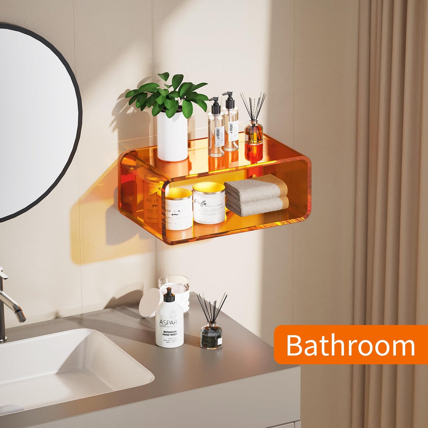 Acrylic Floating Nightstand, Bedside Table, Nightstand Shelf Wall Mounted Bedside Shelf (Orange, Small)