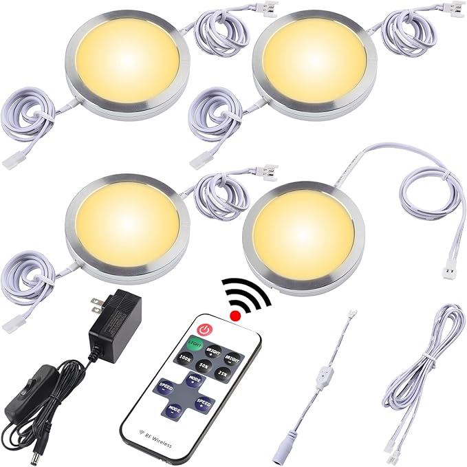 Round LED Puck Lights of Dia 2.4", Glass Display Cabinet Light Strip, Wireless