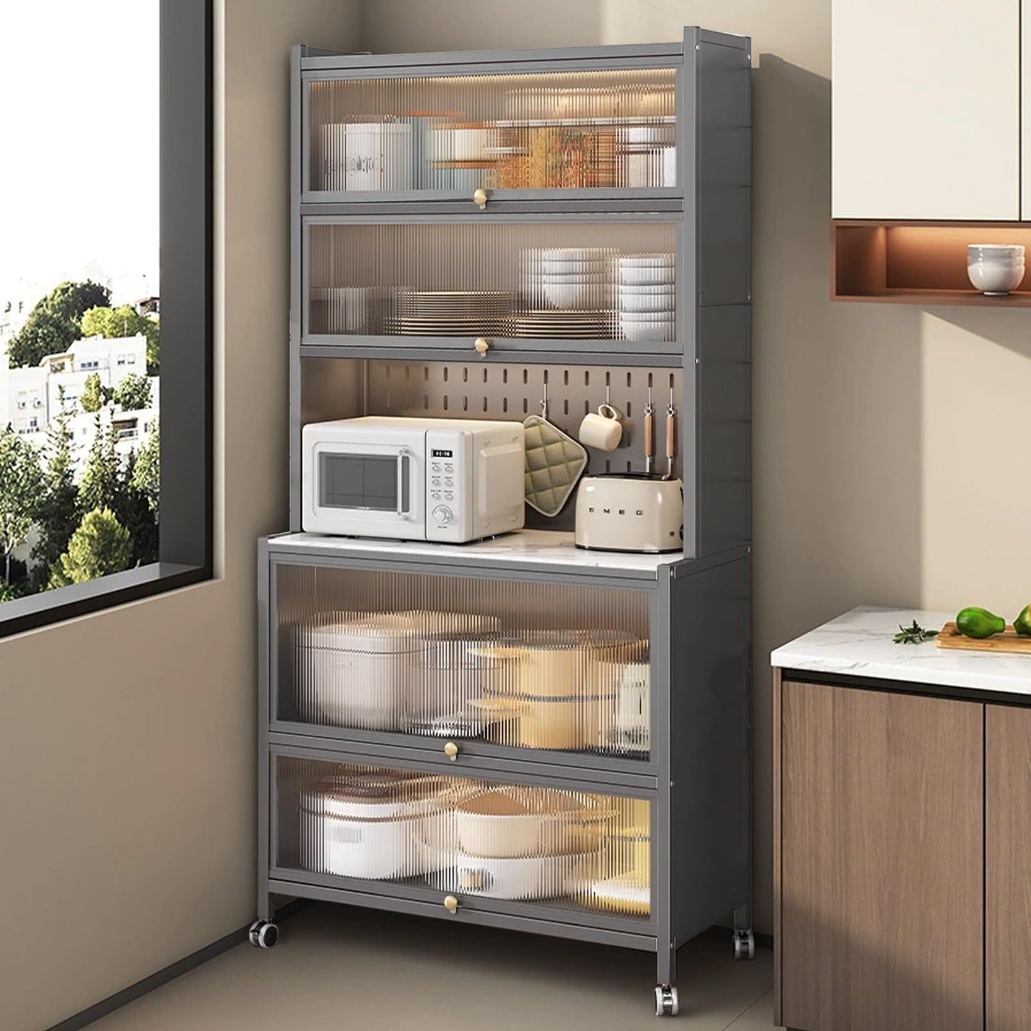Freestanding Multi-Layer Kitchen Floor Cupboard，Microwave Storage Stand,Kitchen Baker's Rack with Flip Door Cabinet, 6-Tier Microwave Stand 4 Hooks, Kitchen Storage Rack, for Home, Office, P