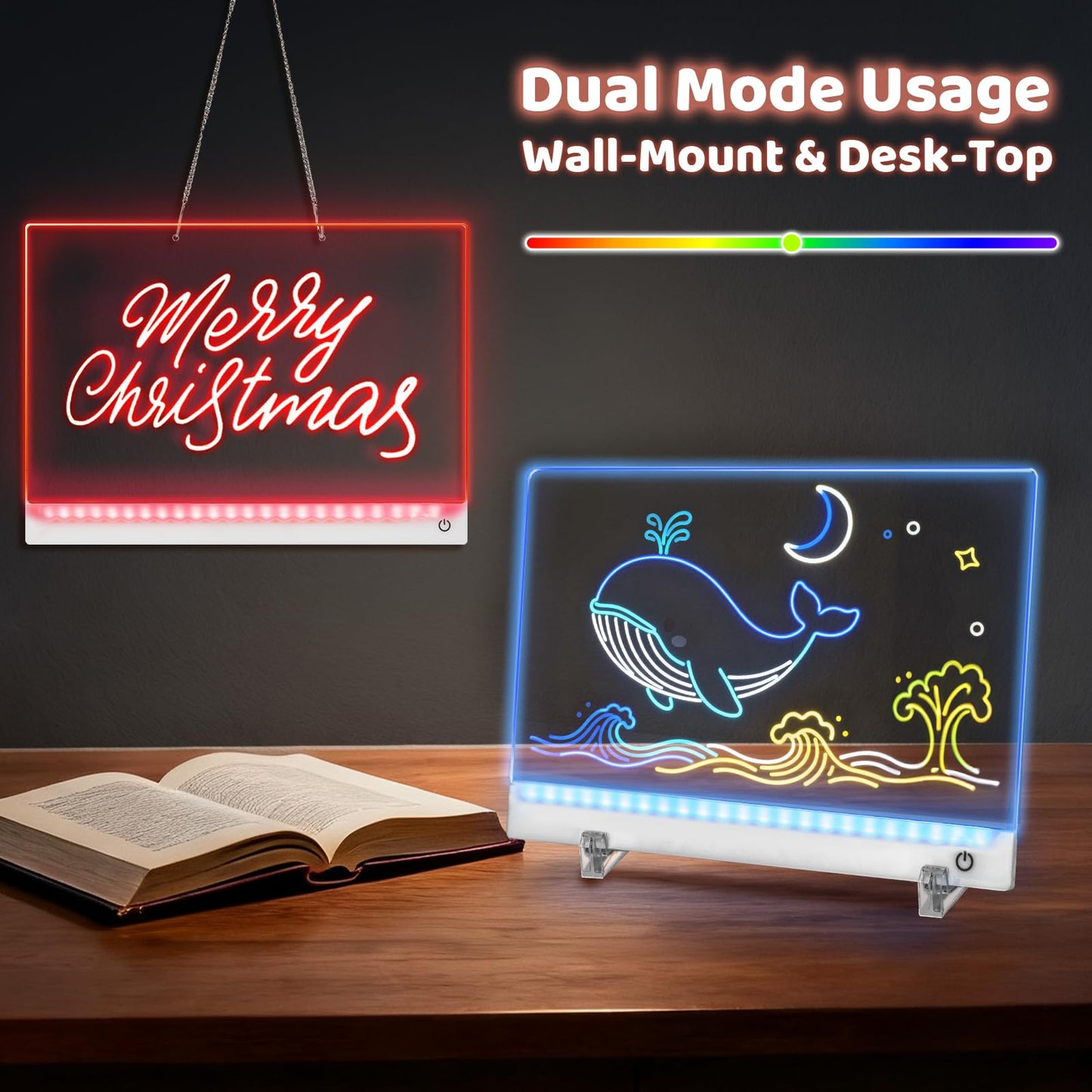 Rechargeable LED Drawing Board for Kids, 13.8 x 10 Dry Erase Board, 4 Modes &7 Colors Glowing Doodle Note Board, Include Hanging Chain, 2 Stands, 8 Markers, Spray Bottle, Cleaning Cloth, Girls Gifts