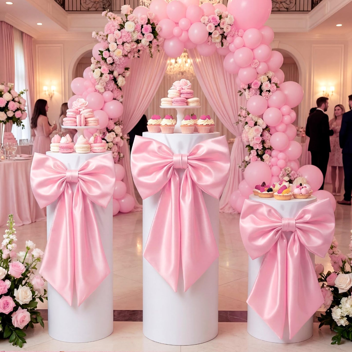 SmoothNovelty 3 Pcs Pink Bow Cylinder Pedestal Stand Covers Spandex Flexible Display Pedestal Covers Round Plinth Pillar Wrap for Birthday Party Wedding Baby Shower Decor