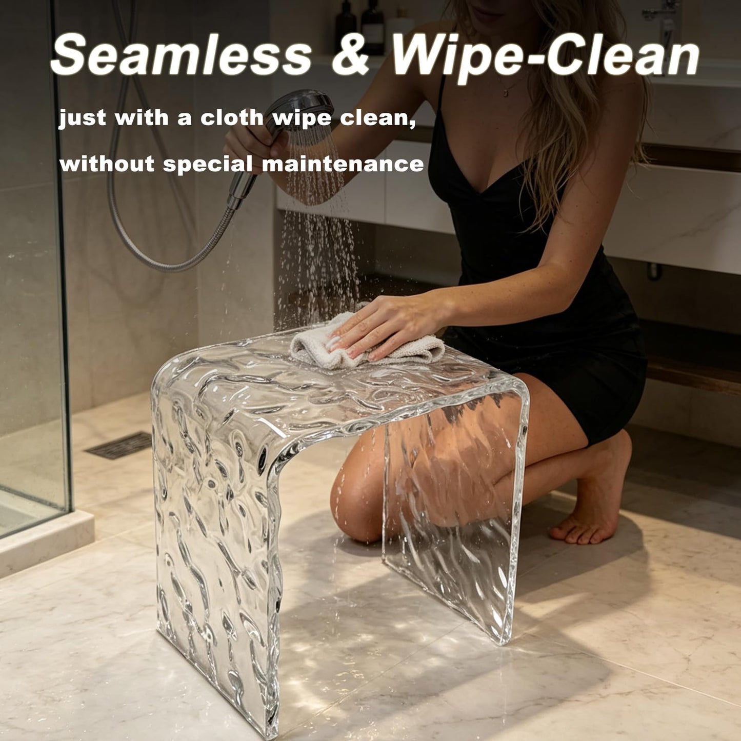 Premium Acrylic Shower Bench,15.7" L*11.4" W *16.5" H, 3/5"(15MM) Thick Acrylic Shower Stool,300lbs Weight Capacity Modern Clear Shower Seat for Inside Shower