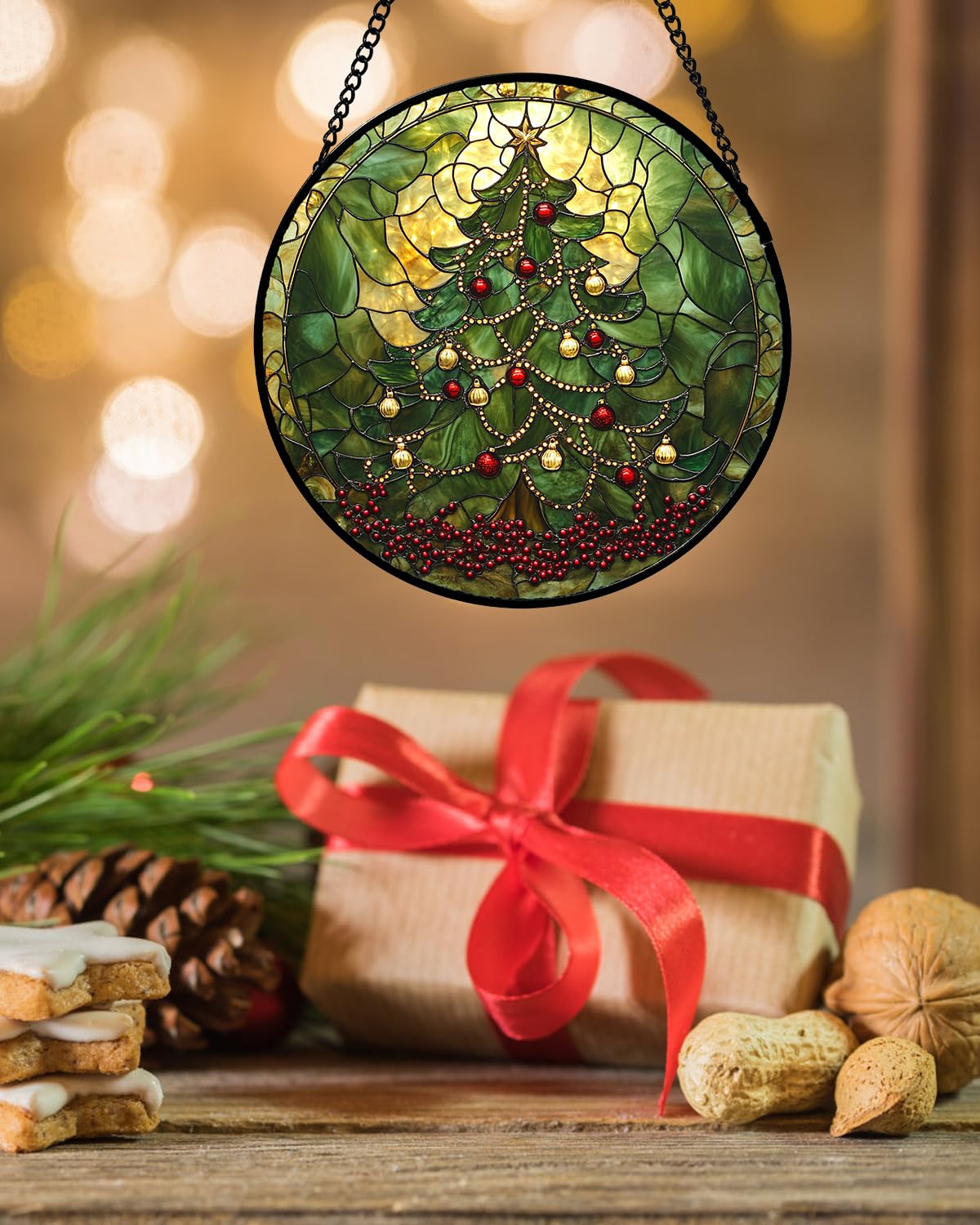 Stained Glass Window Hanging - Retro Green Christmas Tree Suncatcher for Doors Home Christmas Decoration Sun Catcher Thanksgiving New Year Birthday Gifts for Women Men Mom Nana 11.8 in