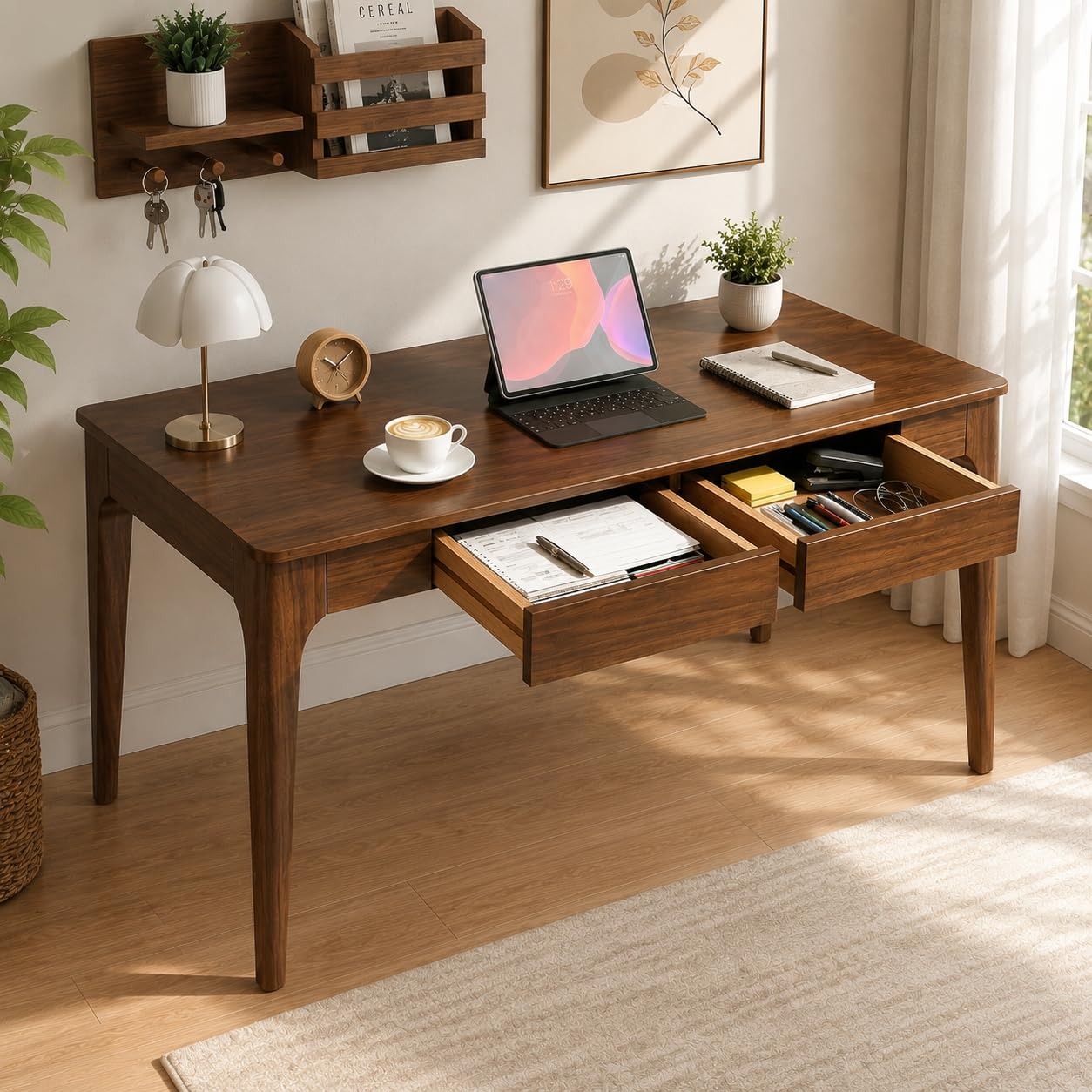 Zevemomo 47" Solid Wood Desk, Walnut Wooden Office Executive Desk with 2 Storage Drawers, Modern Gaming Sturdy Writing Table, Solid Wood Computer PC Workstation, Wooden Table for Bedroom Living Room