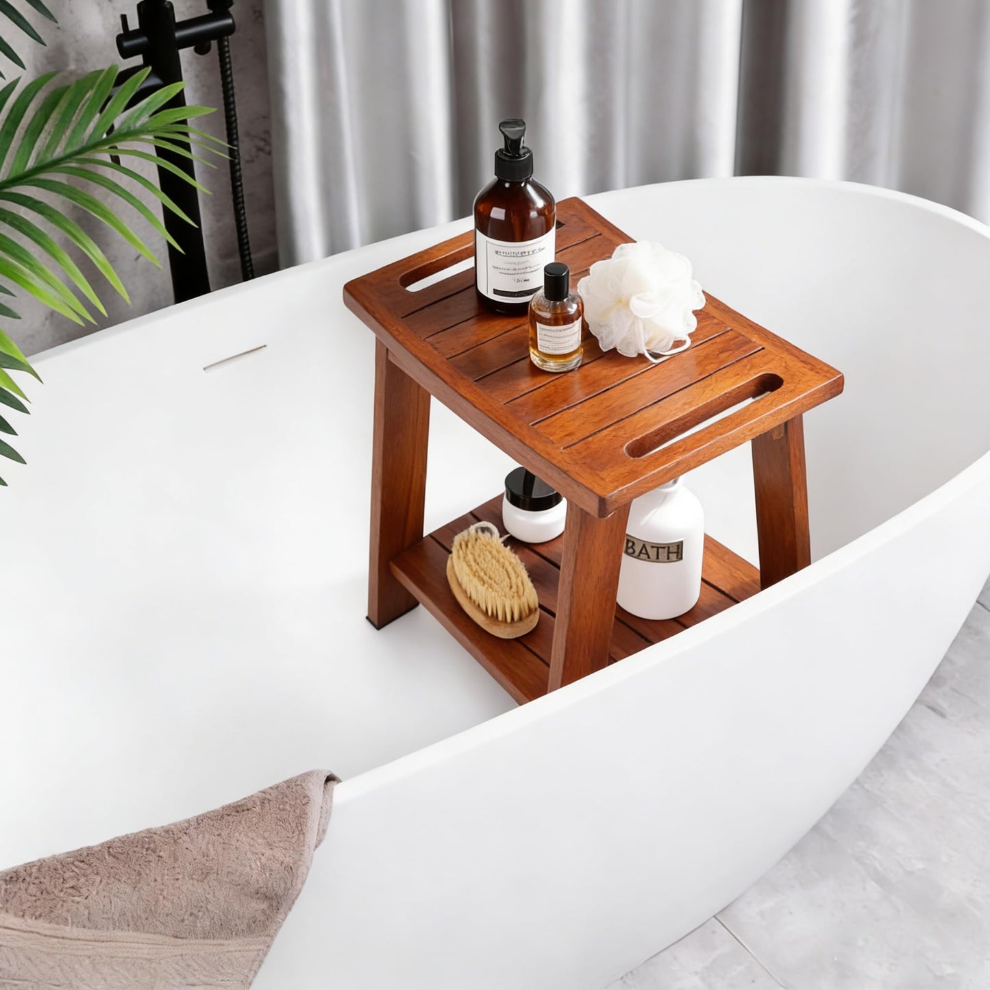 KEGII Teak Shower Stool with Shelf & Towel Bar, Teak Wood Shower Bench for Shaving Legs, 14" Waterproof Bath Seat for Small Bathrooms, Non-Slip Feet (Medium Size)