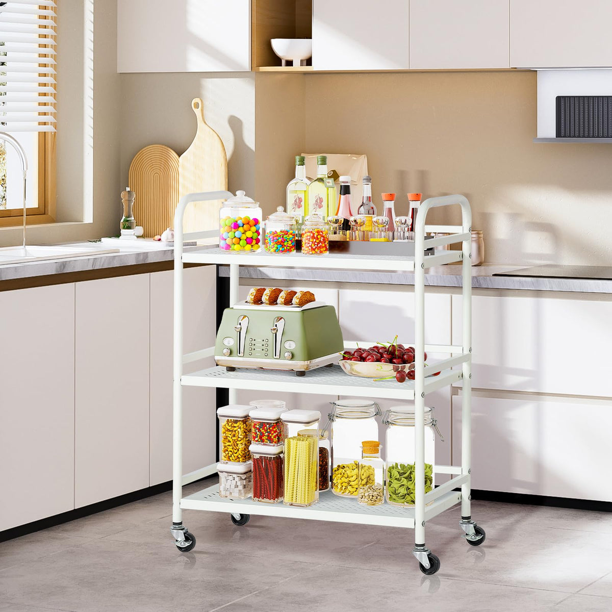 HDANI 3 Tier Metal Rolling Heavy Cart Supports 40 Lbs Per Tier,Mesh Rolling Cart with 2 Lockable Wheels for Office,Home,Bedroom,Kitchen,Bathroom(White)